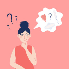 Young woman choosing between sanitary pad, tampon and menstrual cup. Personal feminine hygiene items. Vector flat cartoon illustration