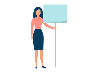 Office worker, woman with blank poster near. In minimalist style. Cartoon flat vector