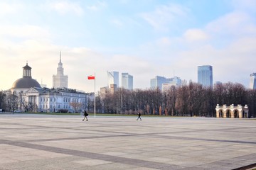 Warsaw, Poland - January 2020. Pilsudski Square in Warsaw. Main square in Warsaw with beautiful...