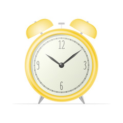 Realistic desk clock. Yellow retro alarm clock isolated on a white background. Retro watch. Windy illustration.