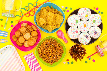 Birthday party decoration and food on the table 