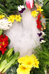 Joyful colorful spring background for a Happy easter with seasonal greeting text with rustic letter with flowers and tulips