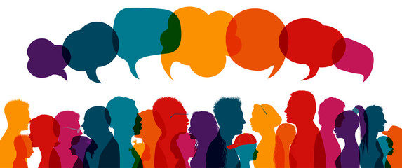 Crowd talking.Dialogue group of diverse people.Communication multiethnic people.Group of families.Sharing information and ideas.Silhouette.Speak discussion.Globalization.Speech bubble