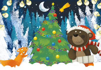 winter scene with forest animal santa claus animal in the forest near christmas tree illustration