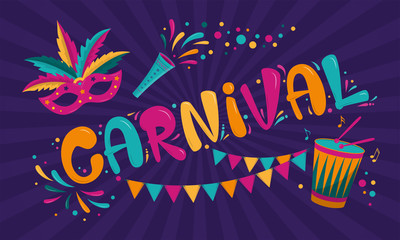 Carnival poster design with dark purple background. Rio Carnival colorful inscription with mask, garland and drum. Vector template with Colorful Party Elements. Brazilian Rhythm, Dance and Music.