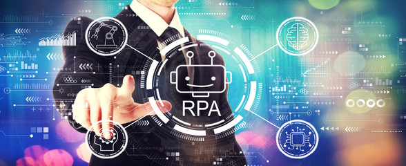 Robotic process automation concept with a businessman on a shiny background