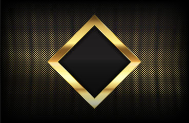 Luxury background with Glossy Gold rhombus shape and golden dots halftone effect. Elegant shiny gold metal on black background. Graphic design template for invitation, cover, wallpaper