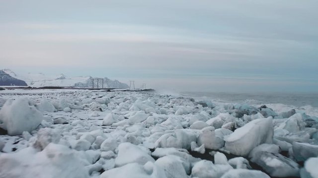 Aerial view of the J kuls rl n glacial lagoon and floating icebergs. The beginning of spring in Iceland