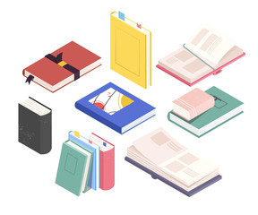 Set of isometric book, notebooks from different angles : stack, open textbooks. Vector illustration on a white background 