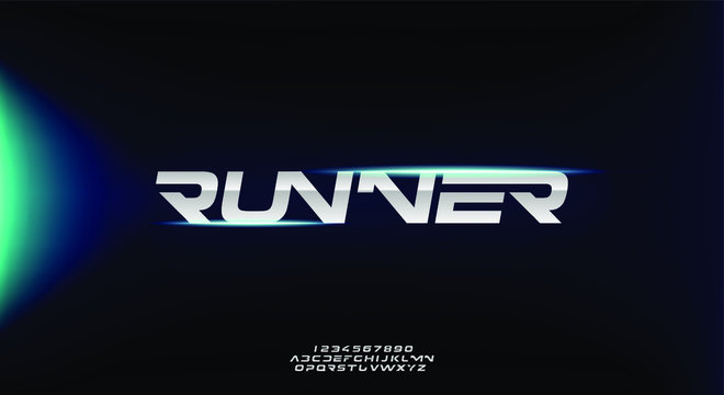 Runner, an abstract sporty technology alphabet font. digital space typography vector illustration design	
