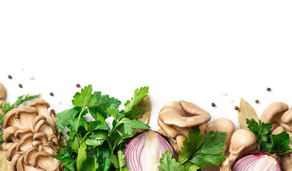 Frame of mushrooms, parsley, spices and onions on a white background, top view, copy space. Background with mushrooms, herbs and free space for text. Ingredients for cooking mushroom dishes. 
