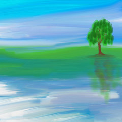 Fototapeta premium picturesque landscape of green pasture with a tree by the river and reflection painted with acrylic and oil paint