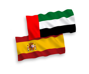 Flags of United Arab Emirates and Spain on a white background