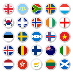 25 Flags of the world, set icons circular shape, flat vector illustration