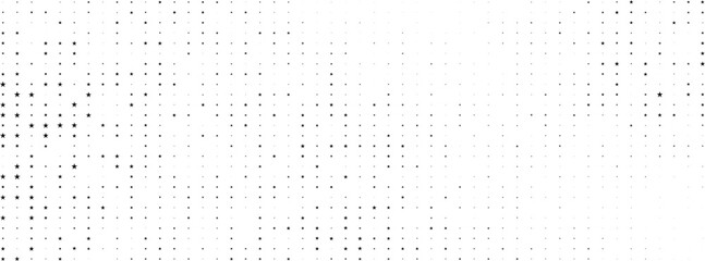 Black vector stars on transparent white background. Halftone modern festive banner. Gift wrapping paper. Holiday Xmas BG for premium luxury design, invitation card. Fairytale magic galaxy. Chick style