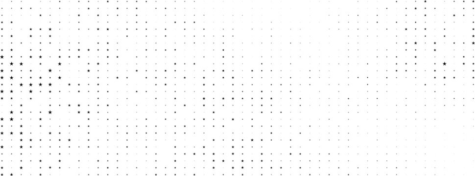 Black vector stars on transparent white background. Halftone modern festive banner. Gift wrapping paper. Holiday Xmas BG for premium luxury design, invitation card. Fairytale magic galaxy. Chick style