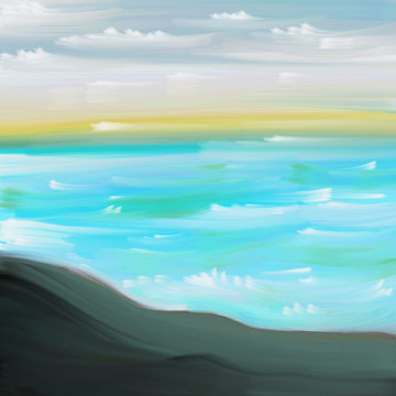 landscape picturesque ocean at dawn with clouds and waves of the sea surf and rock painted by brush strokes