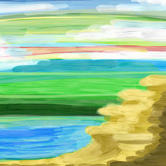 Fototapeta na wymiar landscape picturesque riverbank at dawn with clouds and a rock painted with brush strokes oil paint, green and blue, brown