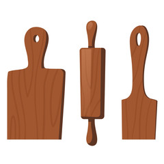 Wooden kitchen tools for cooking food isolated on white background. Vectro cartoon set of culinary spatula, rolling pin and cutting board. Kitchenware, utencil