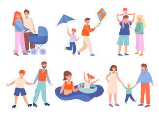 Fototapeta premium Young families following assorted activities including walking baby, flying kites, piggy back, roller skating, swimming and walking baby, vector illustration
