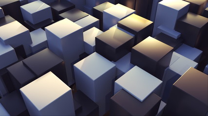 3d rendering geometric surface. Transformation of rectangle elements of different levels with a square base. Abstract structure with cubes, computer generated