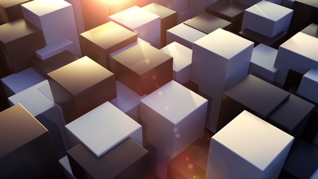 3d rendering geometric surface. Transformation of rectangle elements of different levels with a square base. Abstract structure with cubes, computer generated