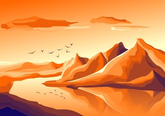 Bright purple landscape with high mountains, sunrise, sunset. Vector panorama of eps10.