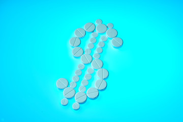 Dollar sign made from white pills on a blue background. Drugs bring money. Pharmaceutical business. Pharmacy business, medicine pill concept.