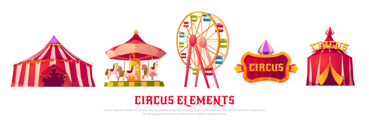 Circus elements with carousel, ferris wheel and tent. Vector cartoon icons of carnival funfair, attractions and amusement park equipment isolated on white background. Summer city entertainment © klyaksun