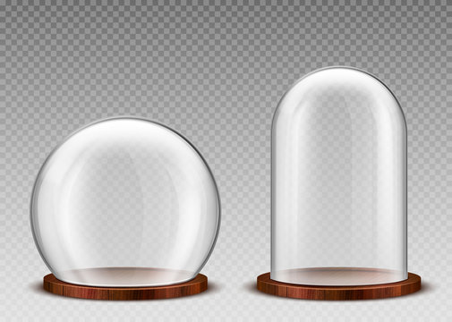 Glass dome, transparent plastic bell jar on wooden podium. Vector realistic mockup of empty protection cover, clear acrylic exhibition display case isolated on transparent background