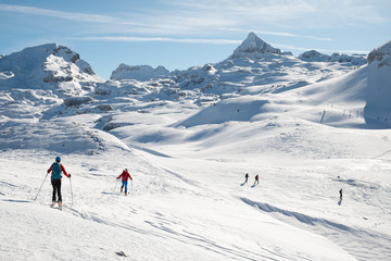 Fototapeta na wymiar Esquiadores camino del pico Anie o Auñamendi (2.507 m), entre el Pirineo navarro y francés 