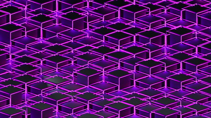 3d rendering background of isometric neon cubes located at different levels. Computer generated abstract geometric frame.