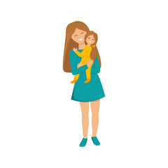 Vector illustration of mother holding daughter. Flat illustration of mom's love. Greeting card for mother's day with happy mummy hugging, care and keeping her little girl. Colorful cartoon characters