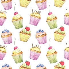 Food, dessert seamless pattern with sweet dnacing cupcakes hand drawn in watercolor sketching style. Perfect for Birthday, wedding cards, gift wrapping paper, background, wallpaper, textile design. 