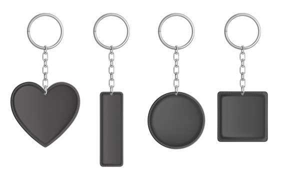 Leather keychain, holder trinket for key with metal chain and ring. Vector realistic template of black fob for car, home or office isolated on white background. Blank accessory for corporate identity