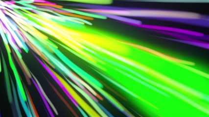 Multicolored bright straight and wavy rays flaring on dark background, computer generated. 3d rendering a spectacular motion graphics