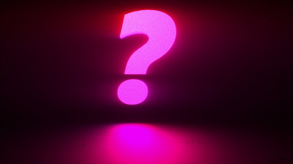 Rotating neon question mark on a dark background, computer generated. 3d rendering digital symbol. Abstract concept of internet searching and cyber education