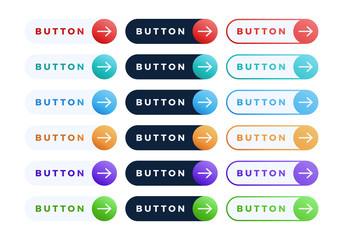 Obraz premium Colorful vector button set on white background. Three style Flat line gradient slide button collection with text and arrow. Vector web element. Round and rectangle shapes.