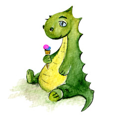 Little Dino character eating ice cream, green Dinosaur illustration in watercolor technique suitable for any kids stuff design, ice cream shops
