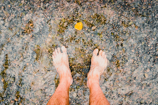 Man looks at his feet submerged in the water of a river on the pebbles.
