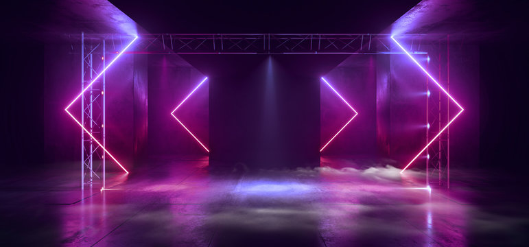 Smoke Sci Fi Futuristic Triangle Arc Gate Neon Laser Pantone Purple Pink Blue  Modern Alien Fashion Dance Club Showroom Garage Tunnel Corridor Concrete Cyber Virtual 3D Rendering