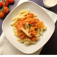Classic dish, noodles with homemade tomato sauce.
