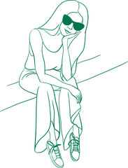 hand-drawn vector illustration of sitting woman, pretty longhair girl in sunglasses, beautyful hand-drawn outline portrait of attractive girl