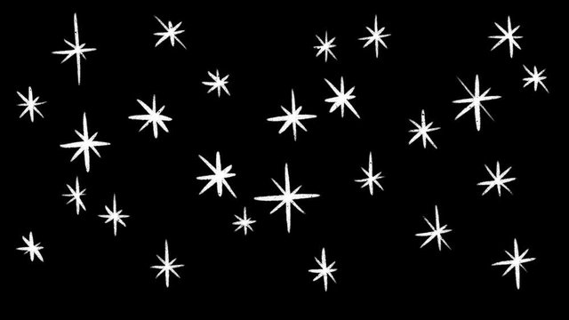 Twinkling stars in the dark night sky, hand drawn black and white animation