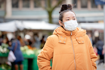 The image of a young Asian woman wearing a mask to prevent germs, toxic fumes, and dust. Prevention...