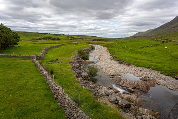 Ireland river with stones in green grass field