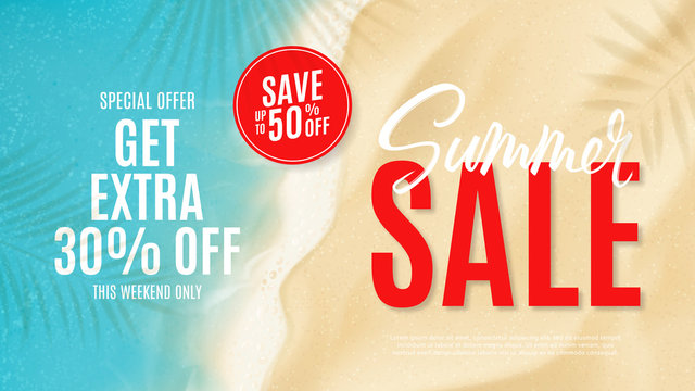 Summer sale banner template. Top view on sea beach with soft waves. Vector illustration with plant's shadows. Seasonal discount offer.