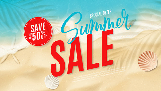 Summer sale horizontal web banner. Top view on sea beach with soft waves. Vector illustration with plant's shadows. Beautiful background with seashells on sea sand. Seasonal discount offer.