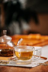 Cup of hot tea with rock sugar, dry tea leaves served in thermo glass tea cup