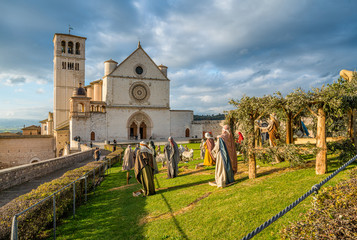 Christmas in Assisi, Saint Francis Basilica with the Christmas Crib. Province of Perugia, Umbria, Italy.  - obrazy, fototapety, plakaty